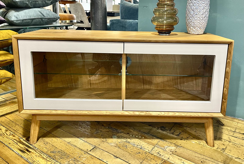 Tobin small tv unit with glass doors with cashmere surround